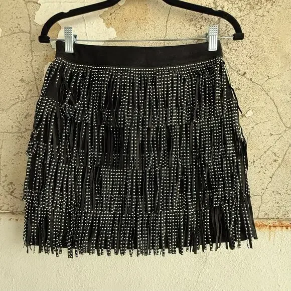 Fringe Mini Skirt Faux Suede Black Studded Western Glam Concert Cowgirl Womens S - Picture 5 of 6